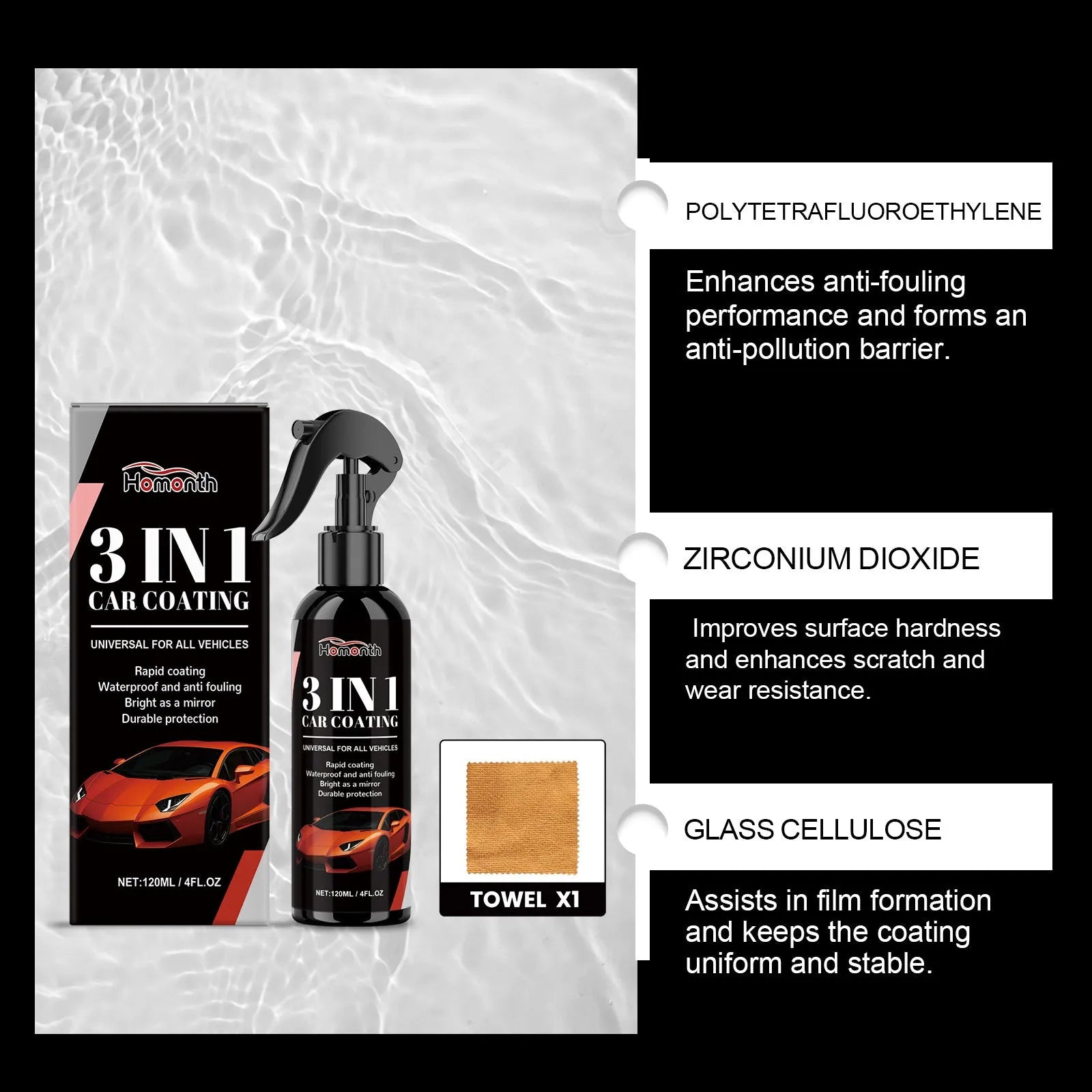3-in-1 car coating spray with wax in 120ml bottle and 20x20cm towel for DIY car detailing