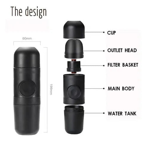 Black portable manual coffee machine showing compact size and manual operation components.