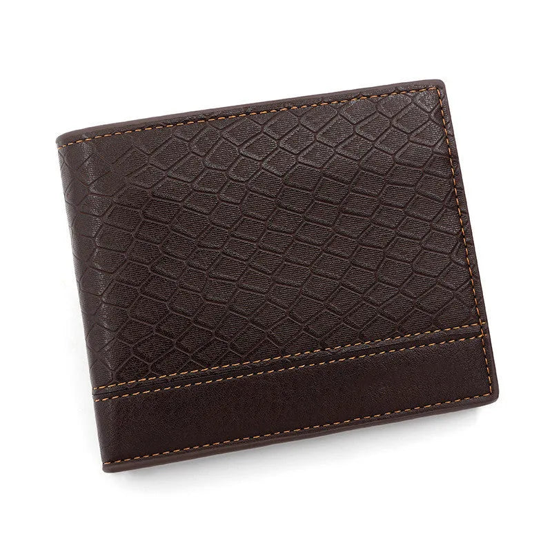 Men's horizontal square PU leather wallet with embossed snake pattern, available in rustic brown, dark brown, and black