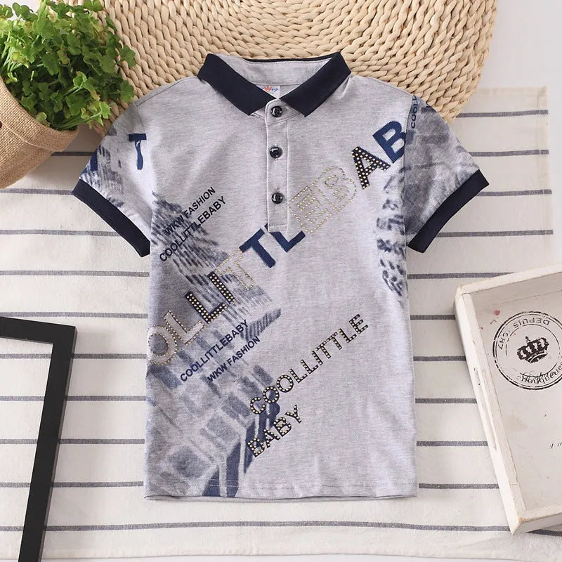 Boys short sleeve cotton t-shirt with lapel collar in solid colour options.