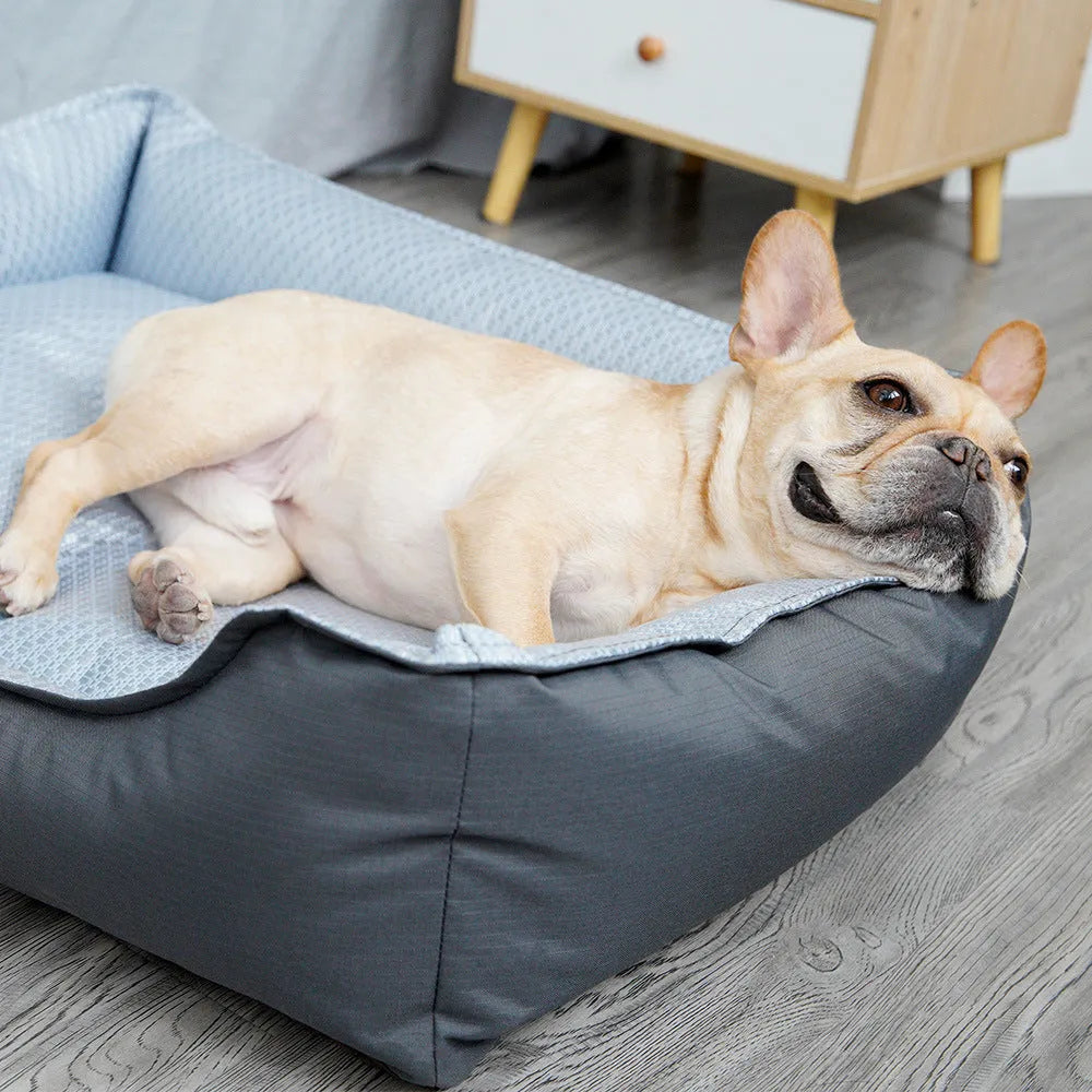Soft summer dog bed with removable cover shown in small, medium, and large sizes as a pet house nest