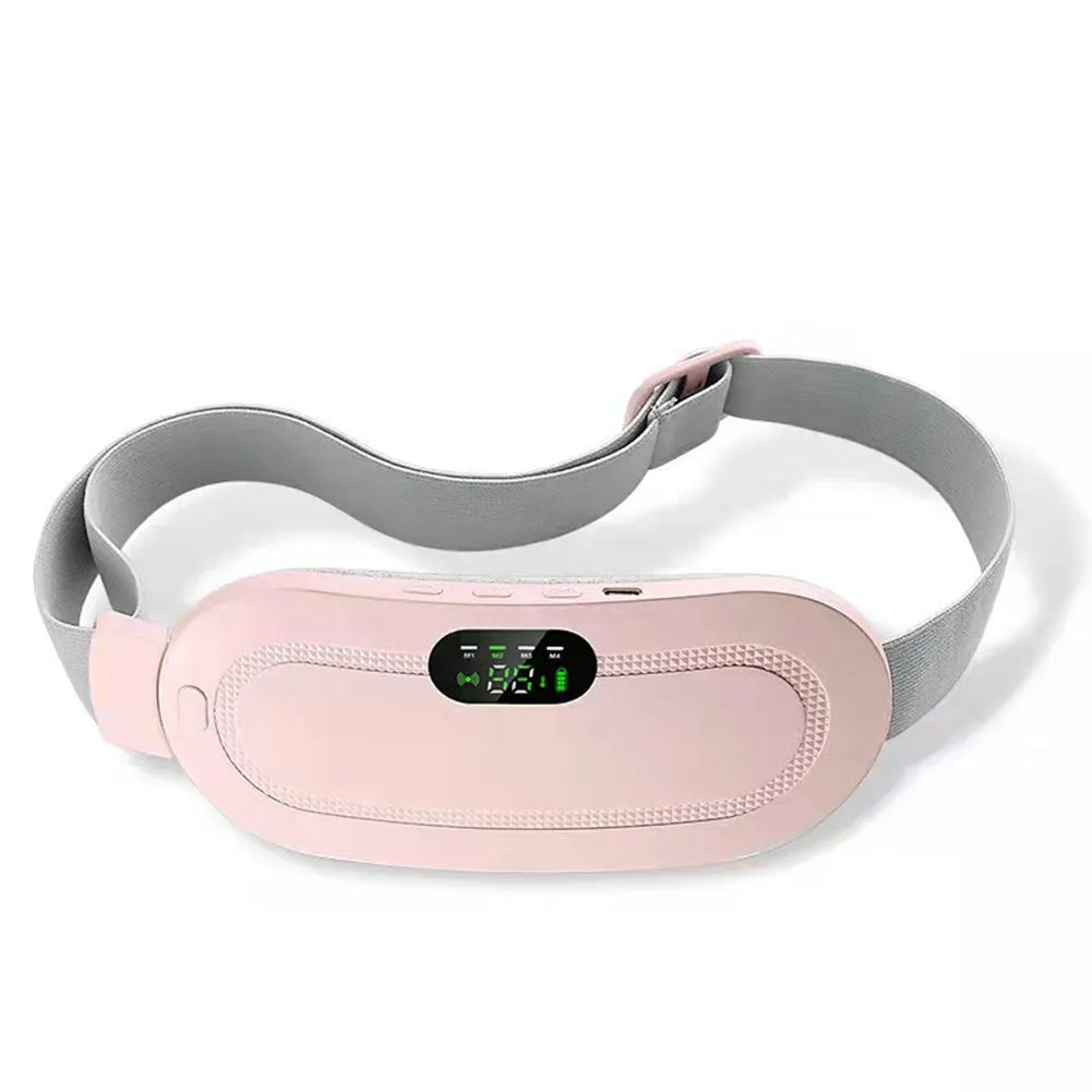 Pink and white menstrual heating belt with USB charger, controller, and long cable on a grey background.