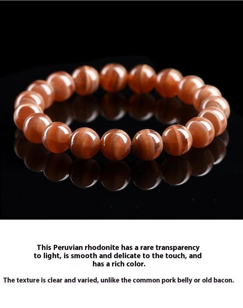 Natural old mine rhodochrosite round bead bracelet with Ruyi charm, shown in 6mm and 8mm sizes.