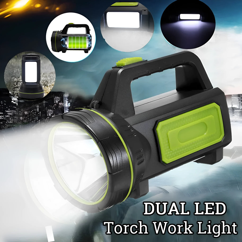 Green rechargeable LED flashlight with USB charging port and waterproof ABS plastic construction