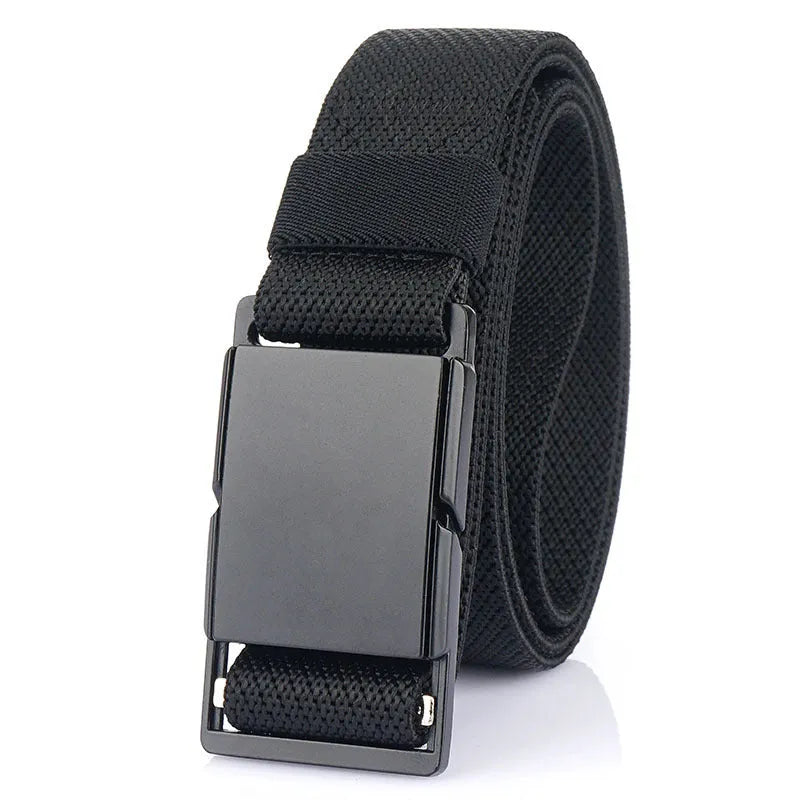 Casual polyester belt with a silver metal magnetic buckle in dark khaki colour.