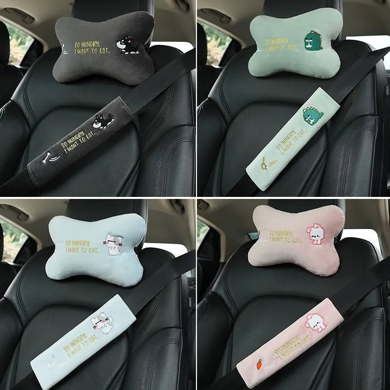 Plush embroidered car headrest shoulder pad with cartoon lion design in blue