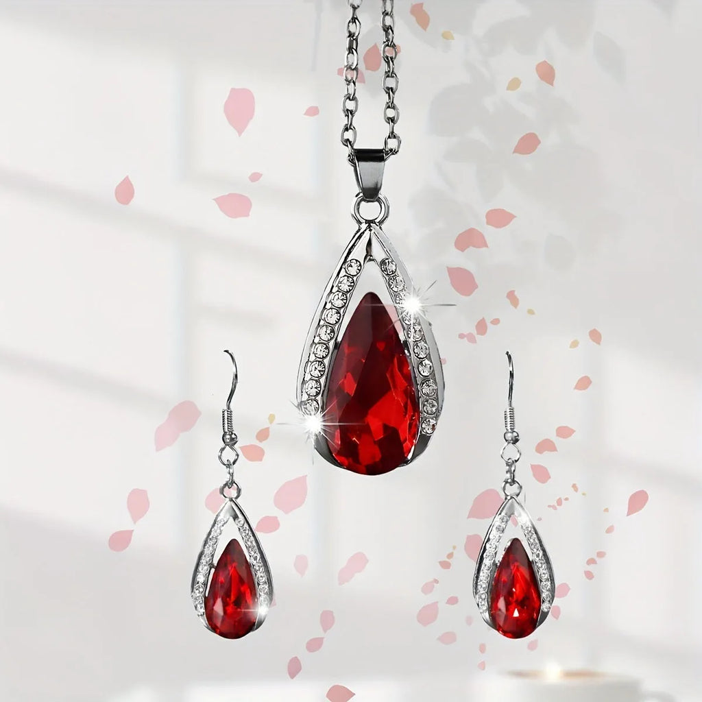 Black and red teardrop glass pendant necklace and matching alloy earrings set.