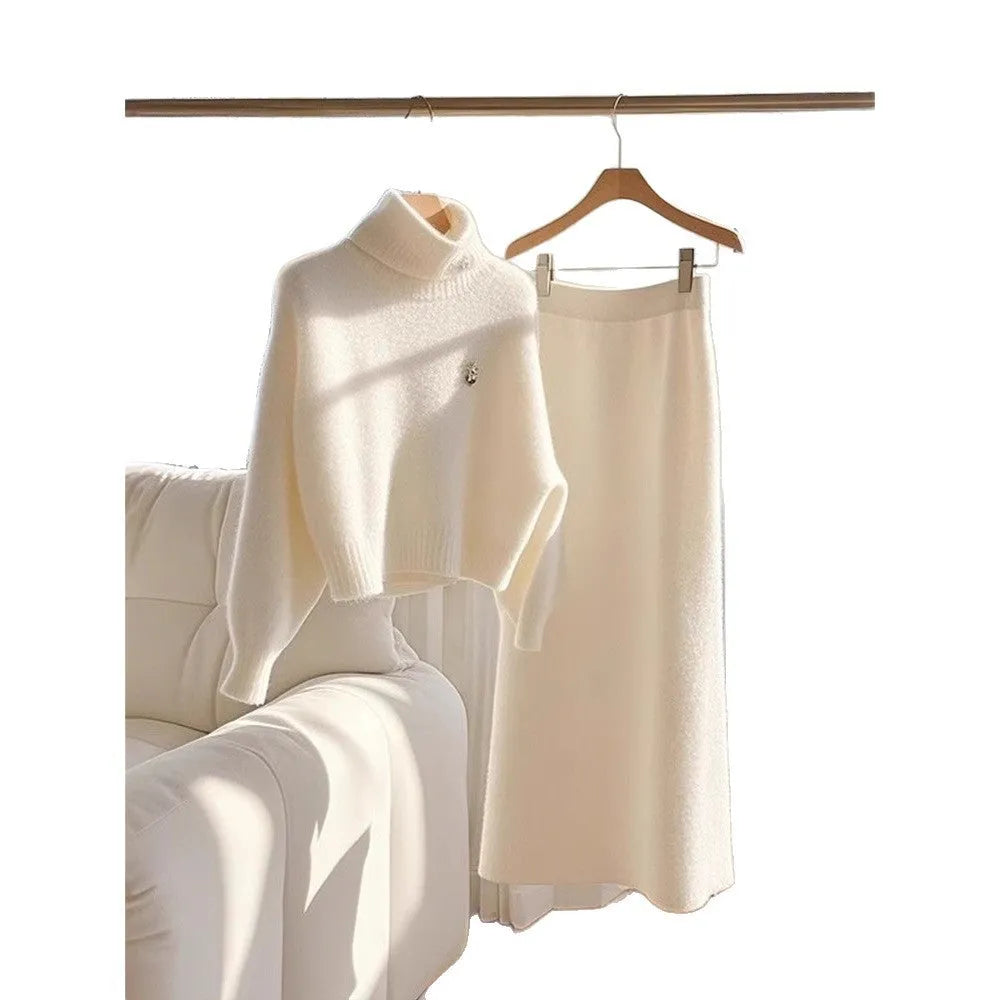 White knitted sweater skirt suit for women with long sleeve top and long skirt, solid colour stitching, sizes S to 3XL.
