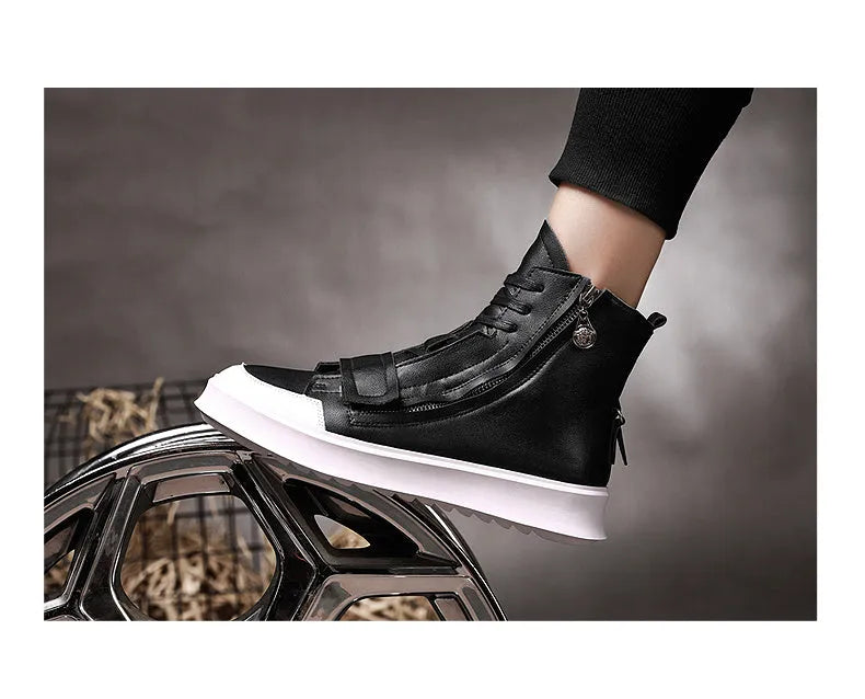 Men's black PU leather ankle boot in a high-top sneaker style for winter.