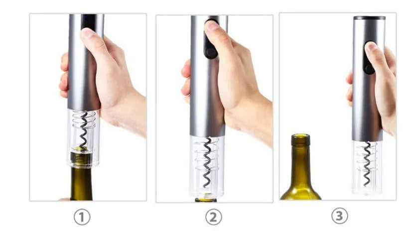 Silver automatic electric bottle wine opener with integrated foil cutter on white background