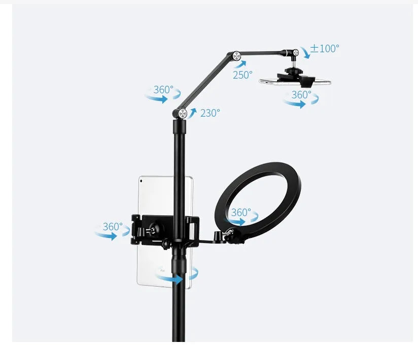 Black mobile phone tablet stand with fill light and rotation mechanism for floor placement