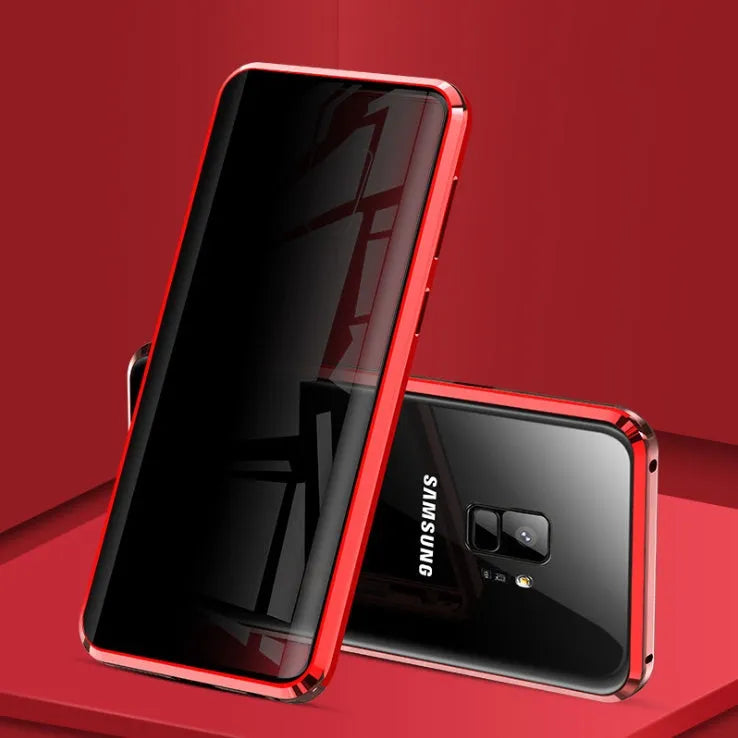 Black clamshell anti-peeping magnetic phone case for Samsung Galaxy shown open and closed.