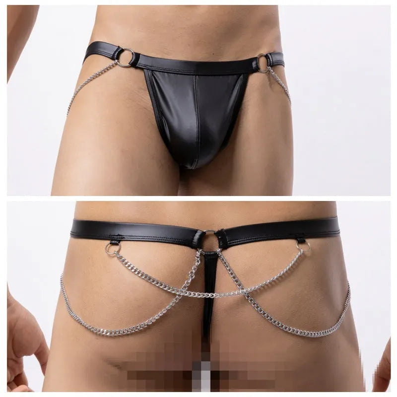 Black men's patent leather-look thong underwear with chain detailing on the front.