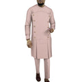 African men's striped cotton robe two-piece set showing long sleeve top and trousers in six colour variations