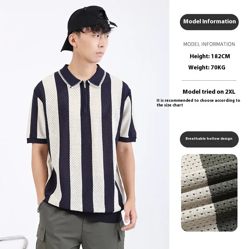 Men's black and white striped short sleeve viscose sweater with zip details on the front.