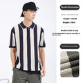 Men's black and white striped short sleeve viscose sweater with zip details on the front.