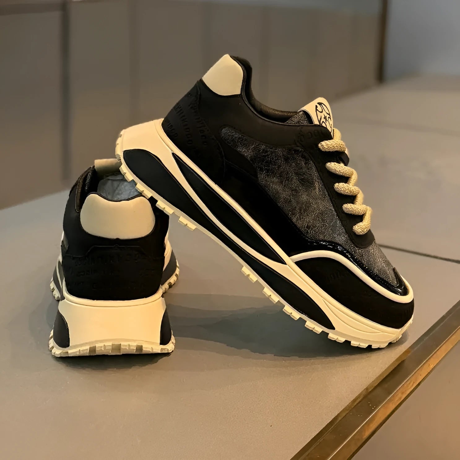 Retro style men's lace-up shoes with thick sole in beige red colour on a white background.