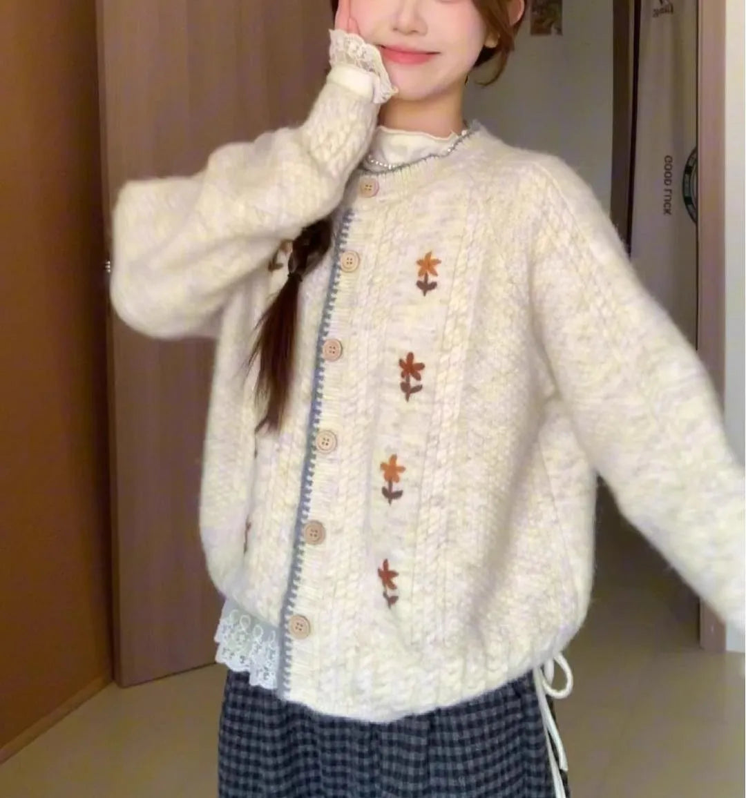 Japanese style oatmeal flower knitted cardigan for women with round neck, long sleeves and button front