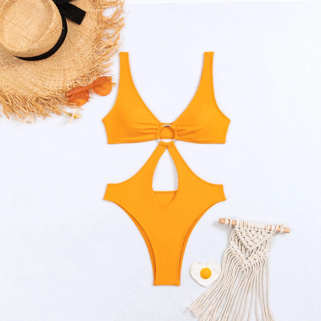 Women's black triangle one piece swimsuit with sleeveless design on mannequin