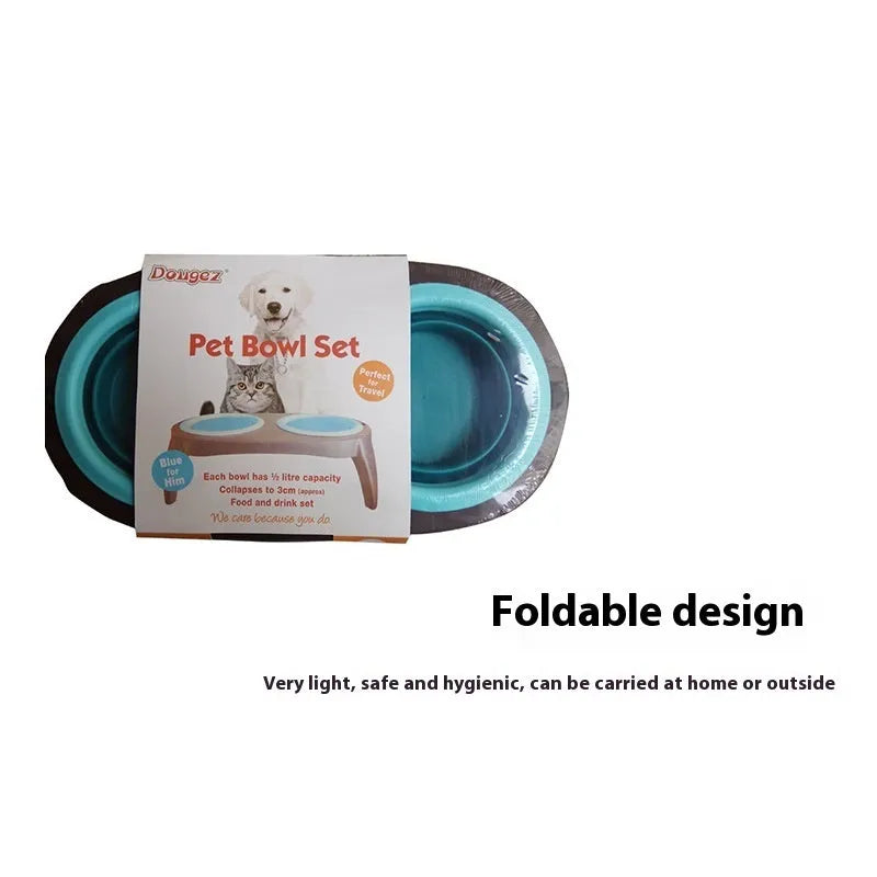 Blue and pink folding double bowl pet feeder made from TPR and PP materials portable travel dog bowl