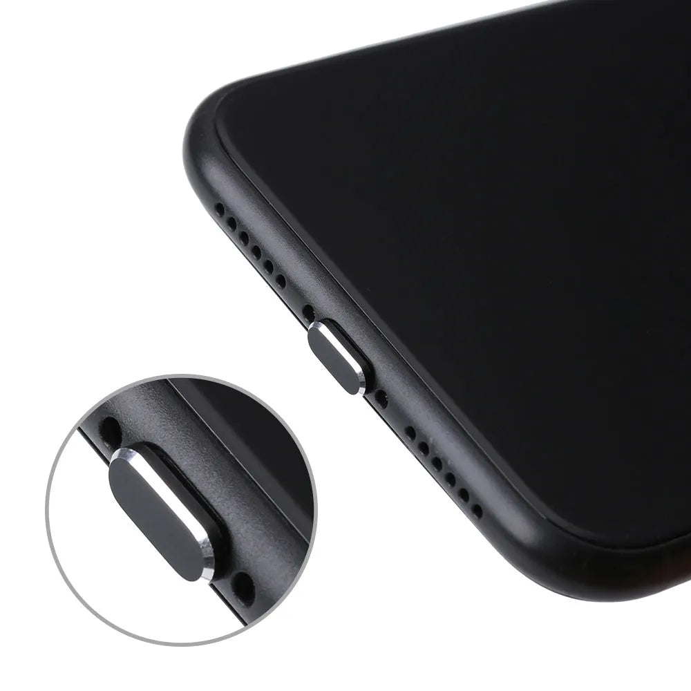 Aluminium alloy dust plug for iPhone charging port in various colours including gold and black.
