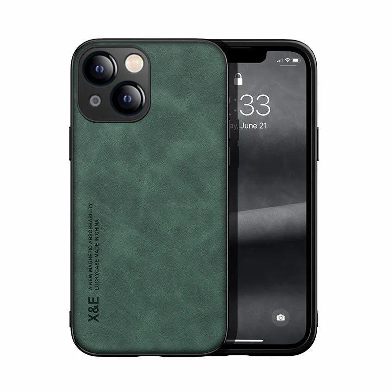 Magnetic lambskin iPhone case with simple text design, anti-fall protection, available in four colours