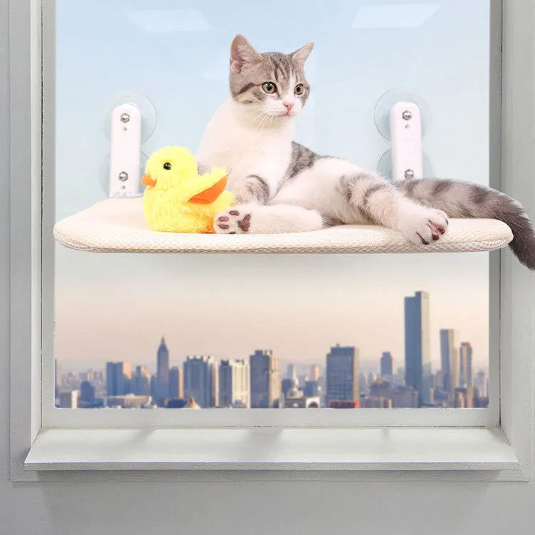 Stainless steel cat window hammock seat with suction cup attachments in beige mesh colour