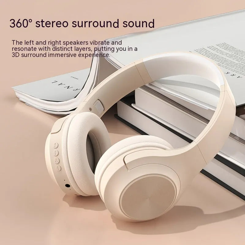 Wireless Bluetooth over-ear headphones in ivory white, chalk black, or youth green with a portable charging case.