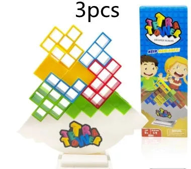 Plastic balance stacking game with colourful blocks on a chassis
