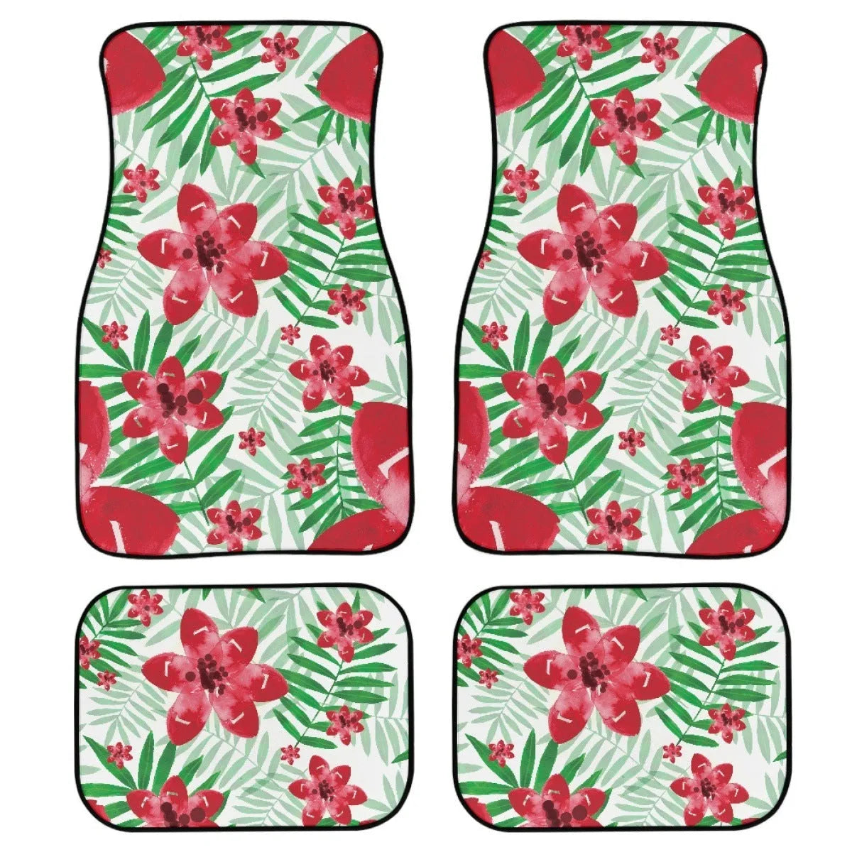 Four-piece set of black printed rubber car floor mats with textured surface.