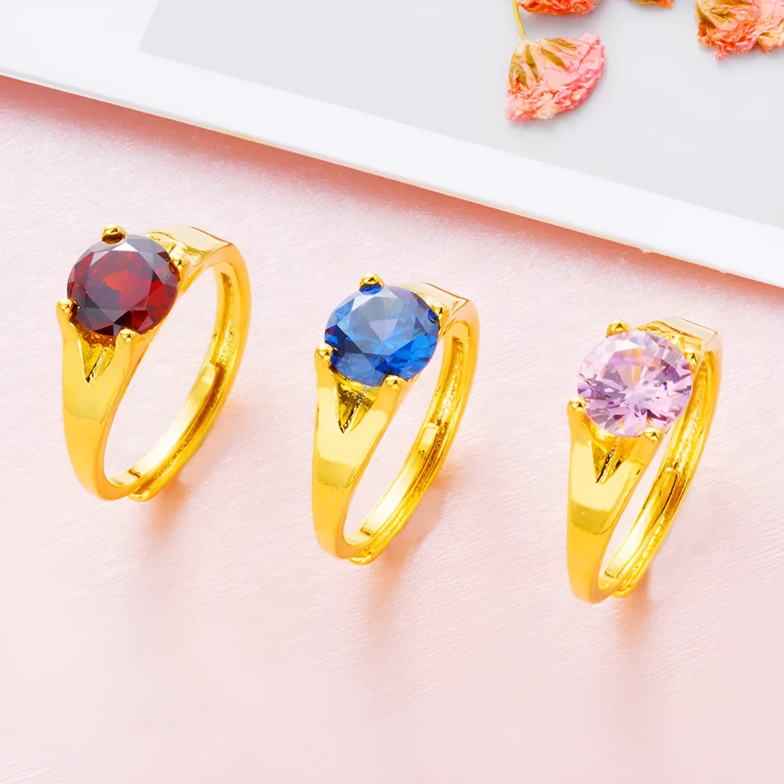 Women's adjustable Vietnam placer gold zircon ring in six electroplated colours on copper