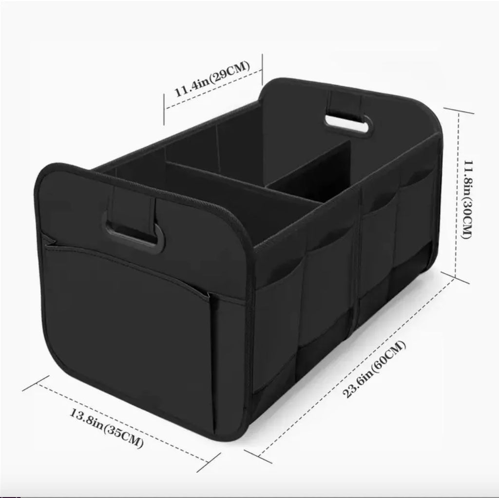 Black foldable Oxford cloth car boot storage box with handle on car boot floor