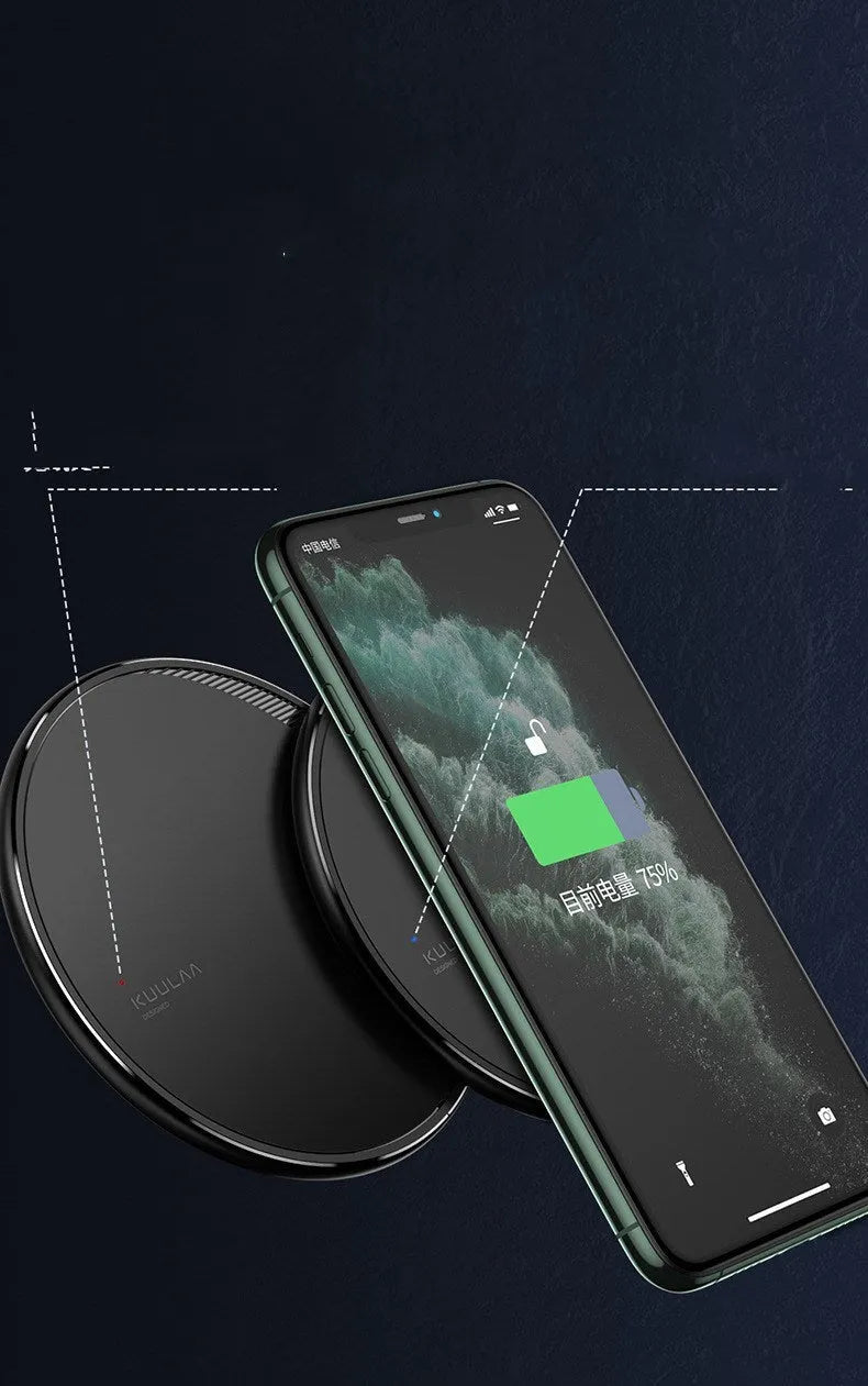 Black Kuulaa KL-CD16 wireless disc phone charger on a surface with LED light on.