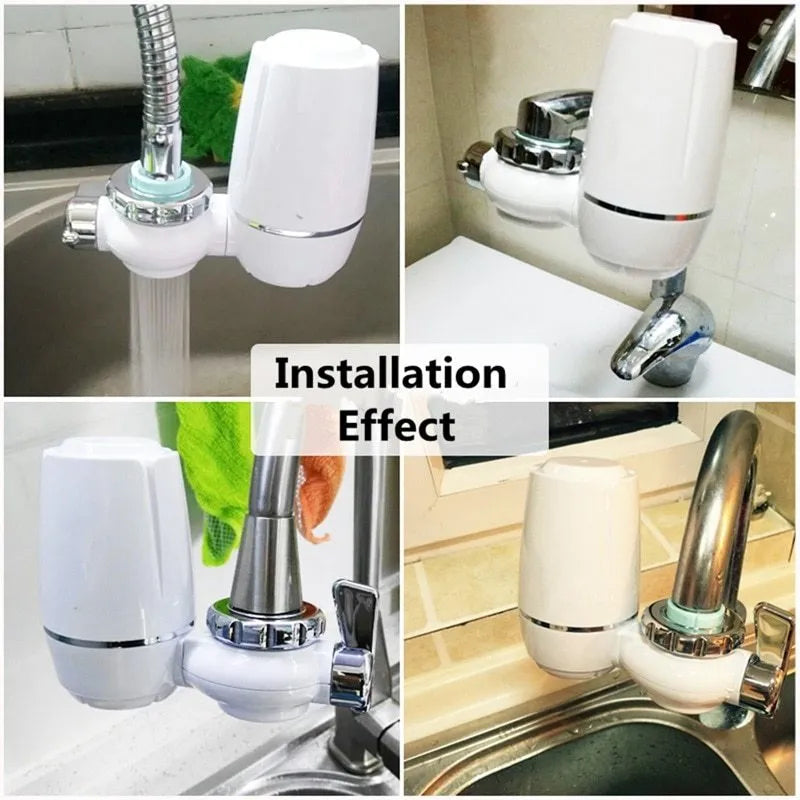 White plastic faucet water purifier with ceramic filter cartridge mounted on kitchen tap