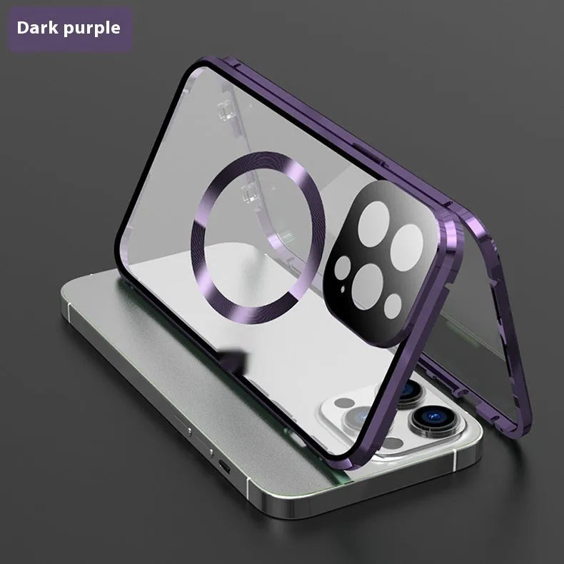 Magnetic metal iPhone case in black with shockproof design for iPhone 14, 15 and 16 models.