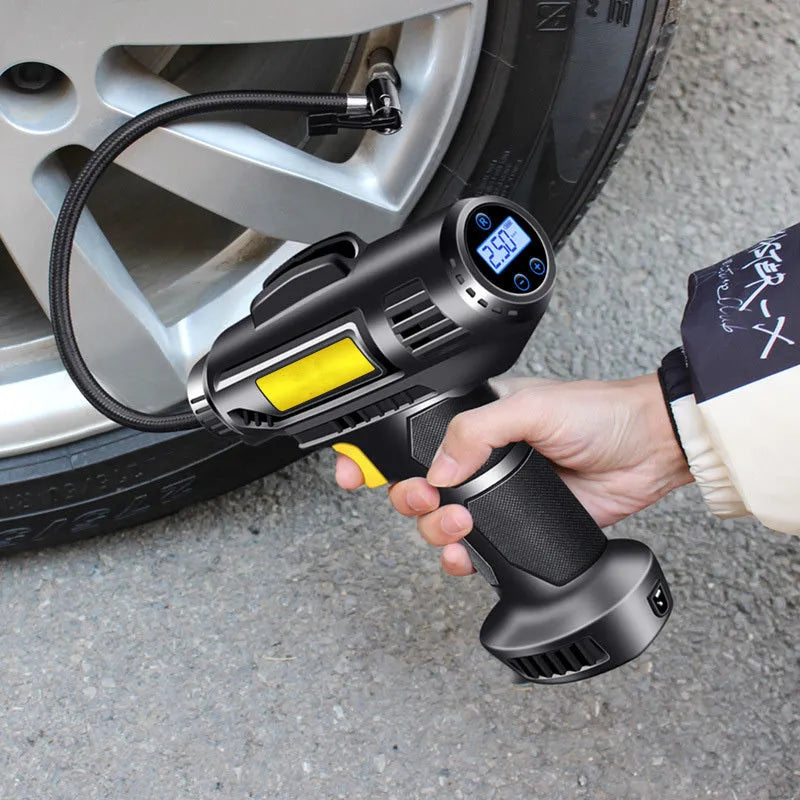 Wireless digital display car tyre inflator with USB charging cable and three air nozzles
