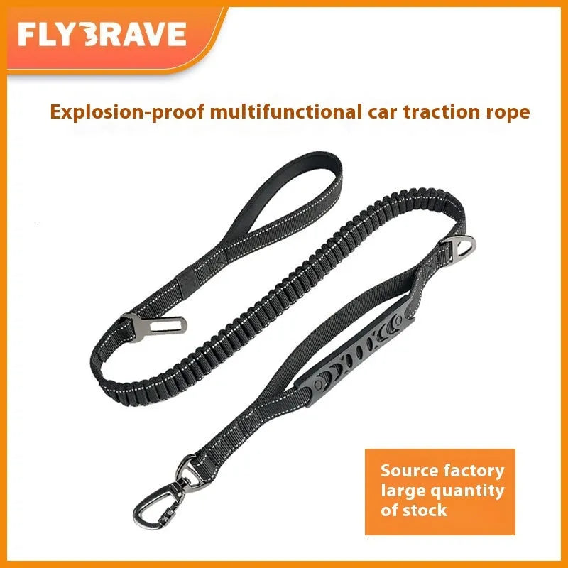 Retractable dog lead with reflective belt and rope buffer grip in black, orange, or khaki