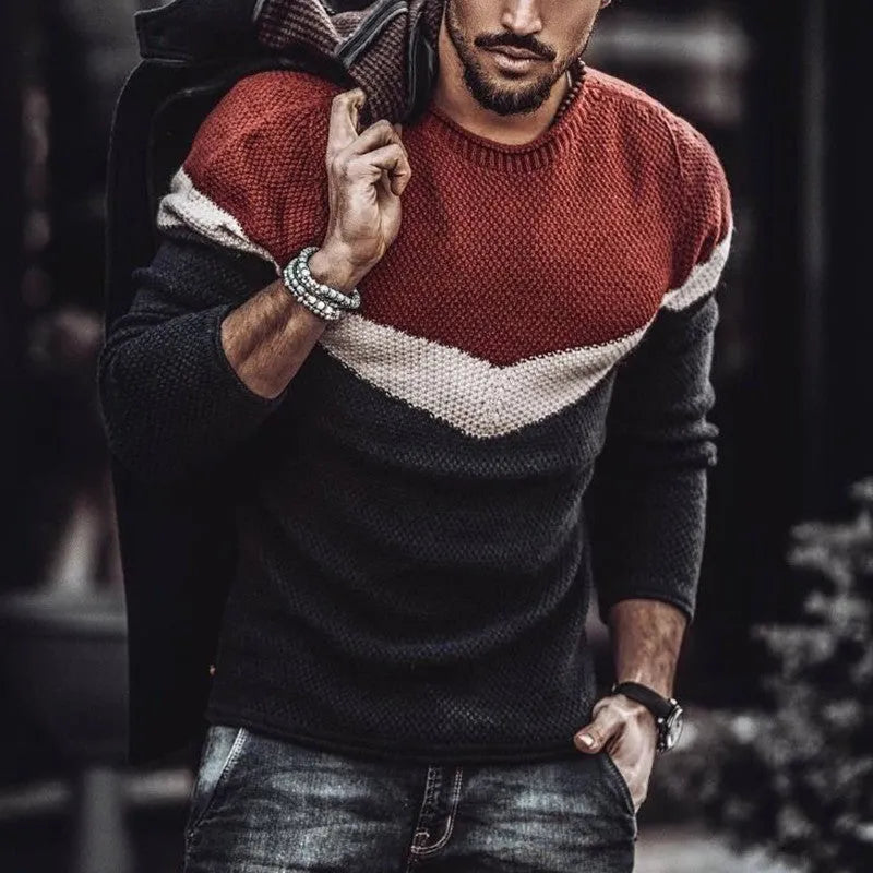 Men's slim fit long sleeve round neck sweater in red black colour matching, Asian sizes S to 3XL, autumn casual knit