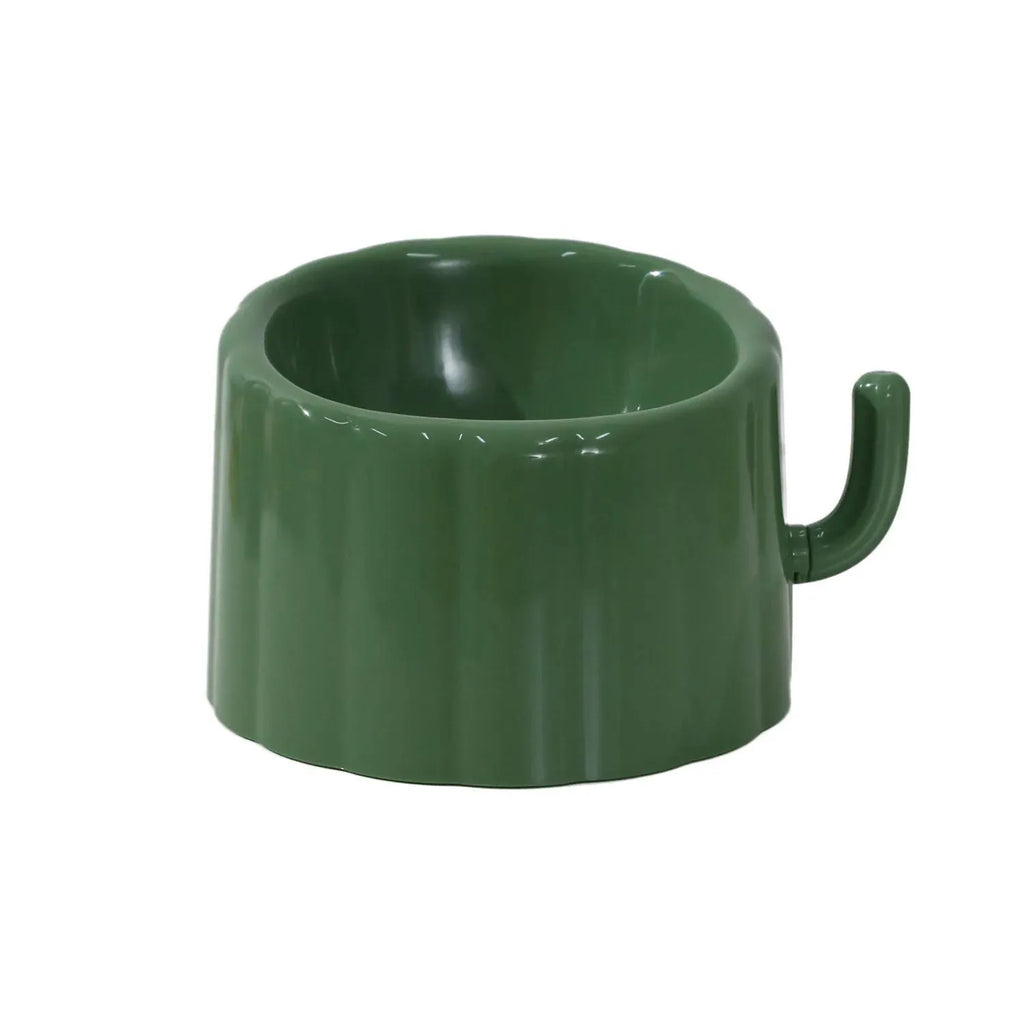 Dark green cat bowl with cactus design, showing wide mouth, heavy base, and anti-slip ring