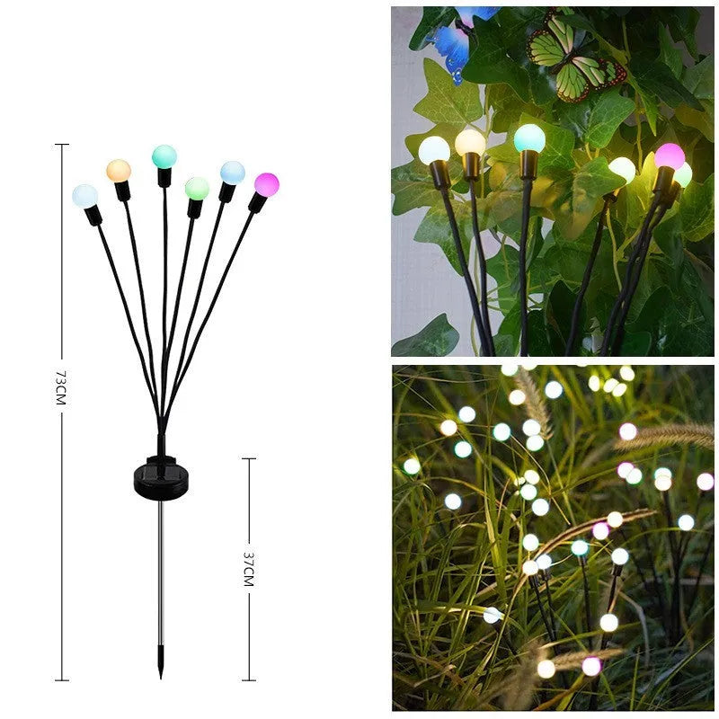Solar-powered garden lamp with automatic light sensor and ground stake, showing warm white and coloured LED options.