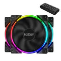 Three black 120mm RGB PC case fans with illuminated blades.