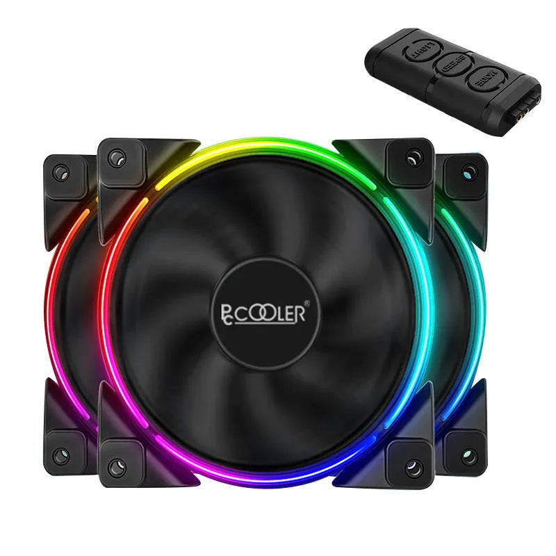 Three black 120mm RGB PC case fans with illuminated blades.