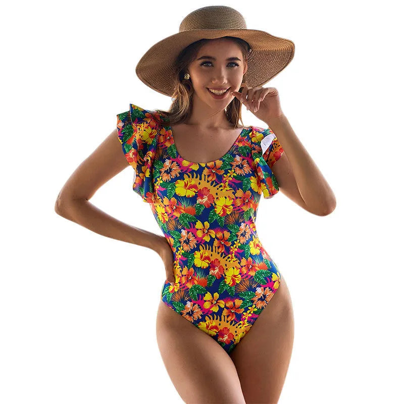 Women's one-piece swimsuit with U-shaped neckline and lace detailing, sleeveless design in polyester fabric.