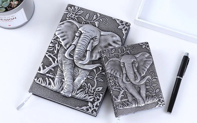 PU leather embossed retro notebook with Bronze relief cover showing beige inner pages