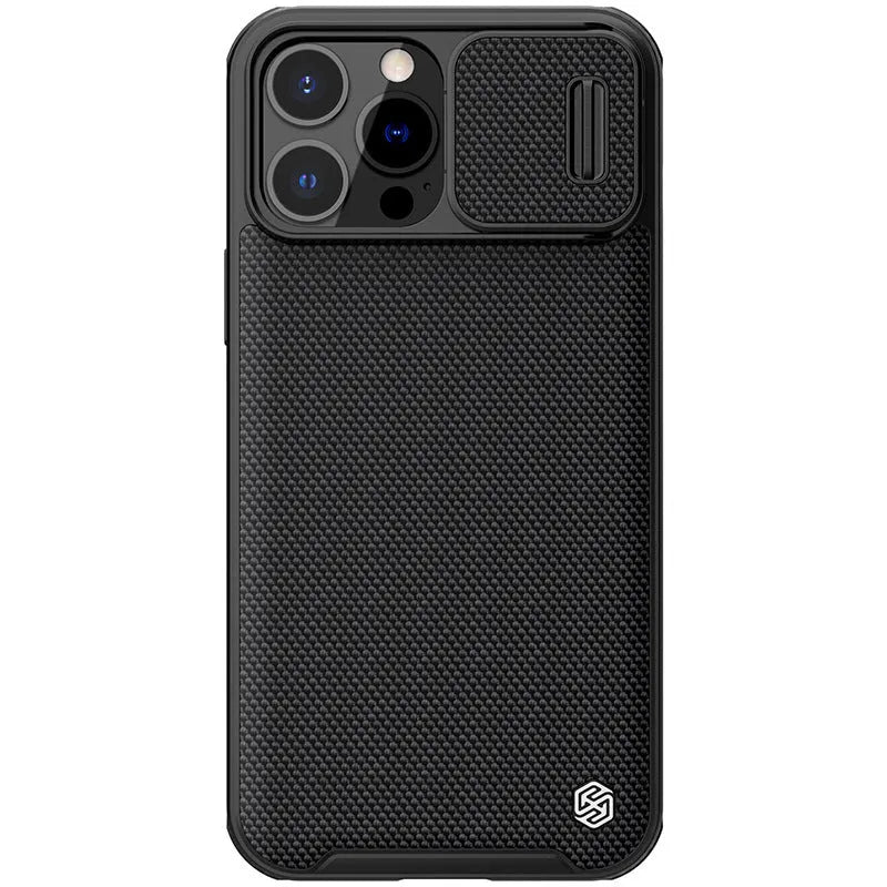 Black textured PC and TPU sliding back cover case for Apple iPhone 13 Pro Max on a white background.