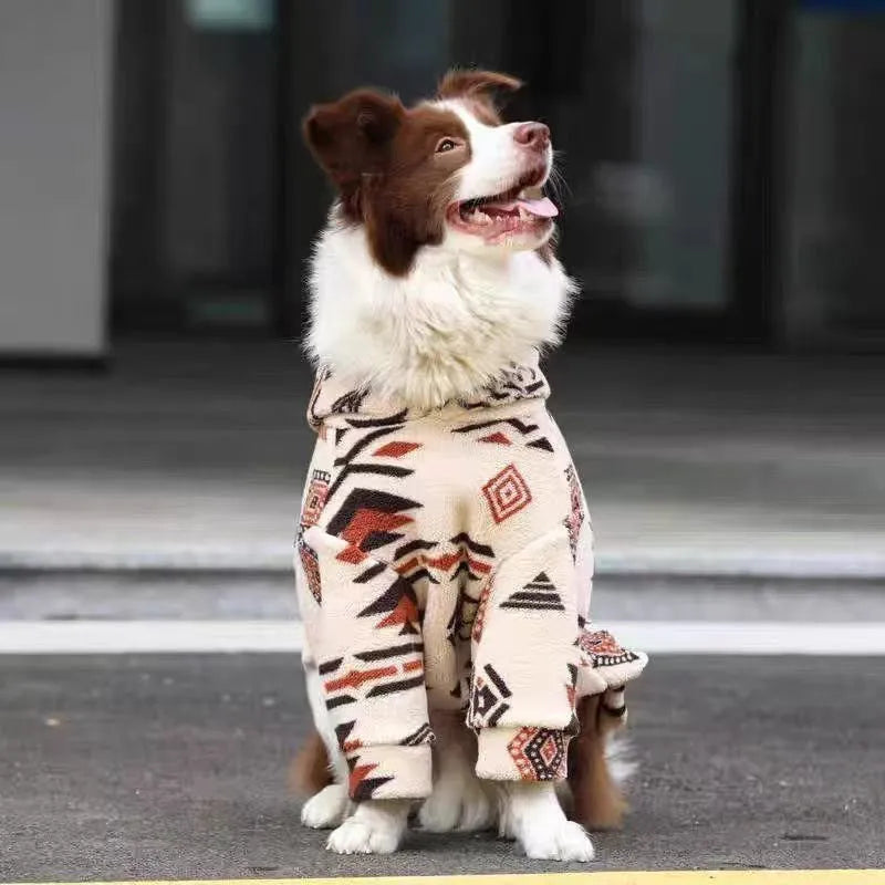 Thick arctic fleece winter coat for large dogs in beige apricot colour on a dog