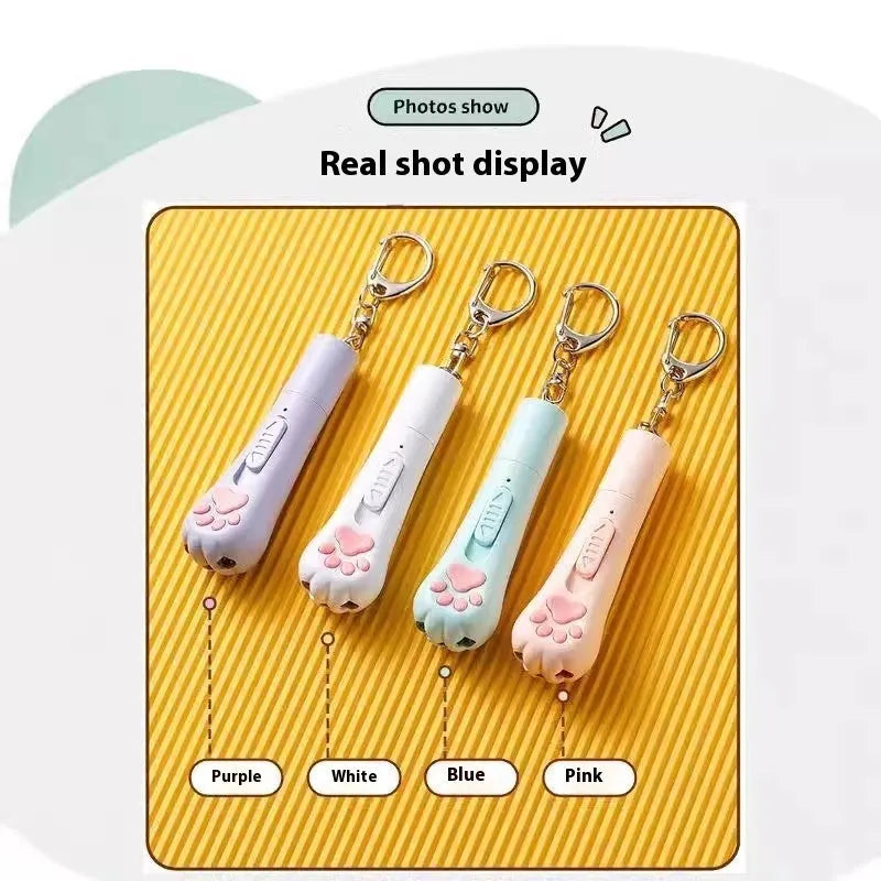 Rechargeable cat teaser toy with a light, shown in pink, cream, and sky blue colour options.