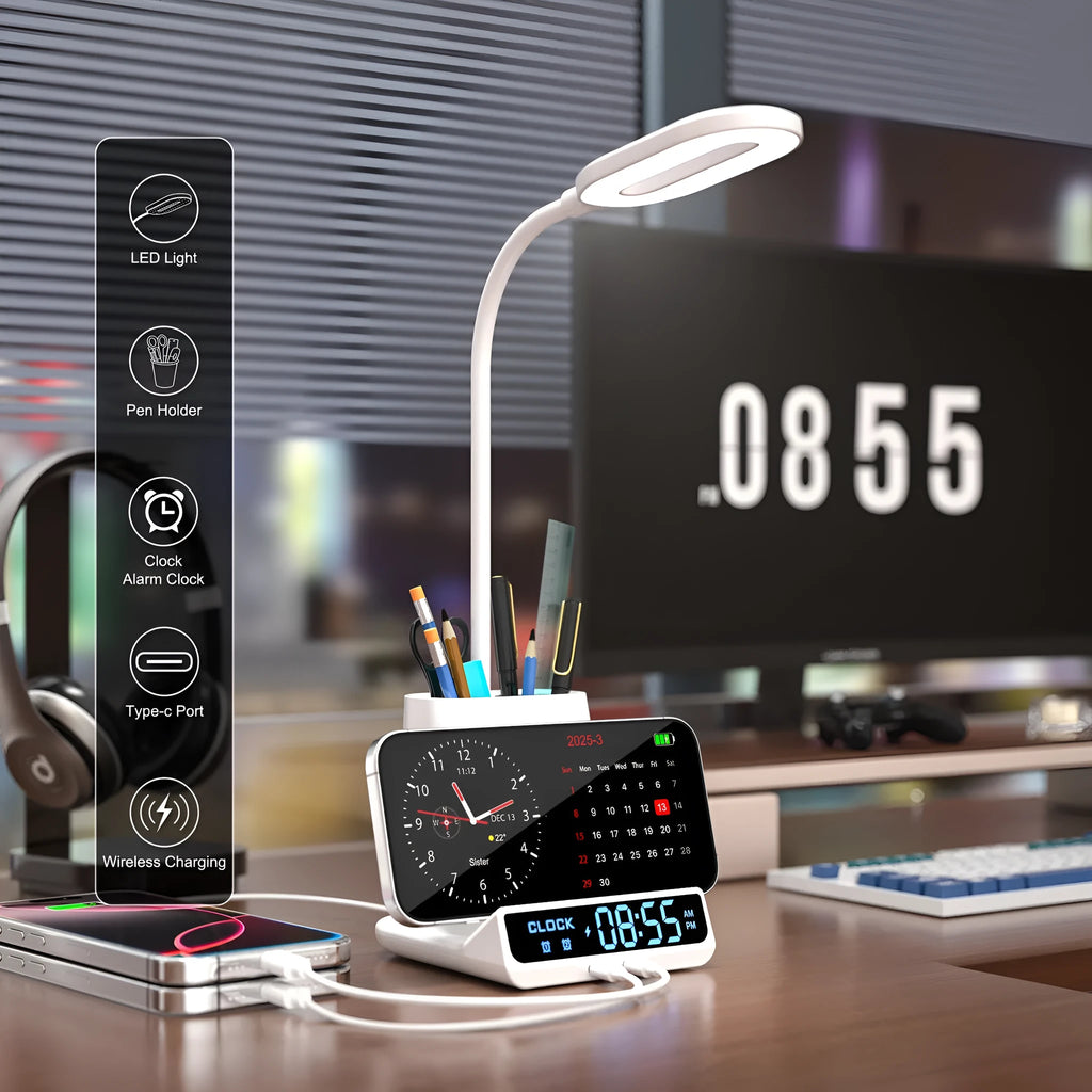 Modern desk lamp with wireless charging base and integrated pen holder storage compartment.