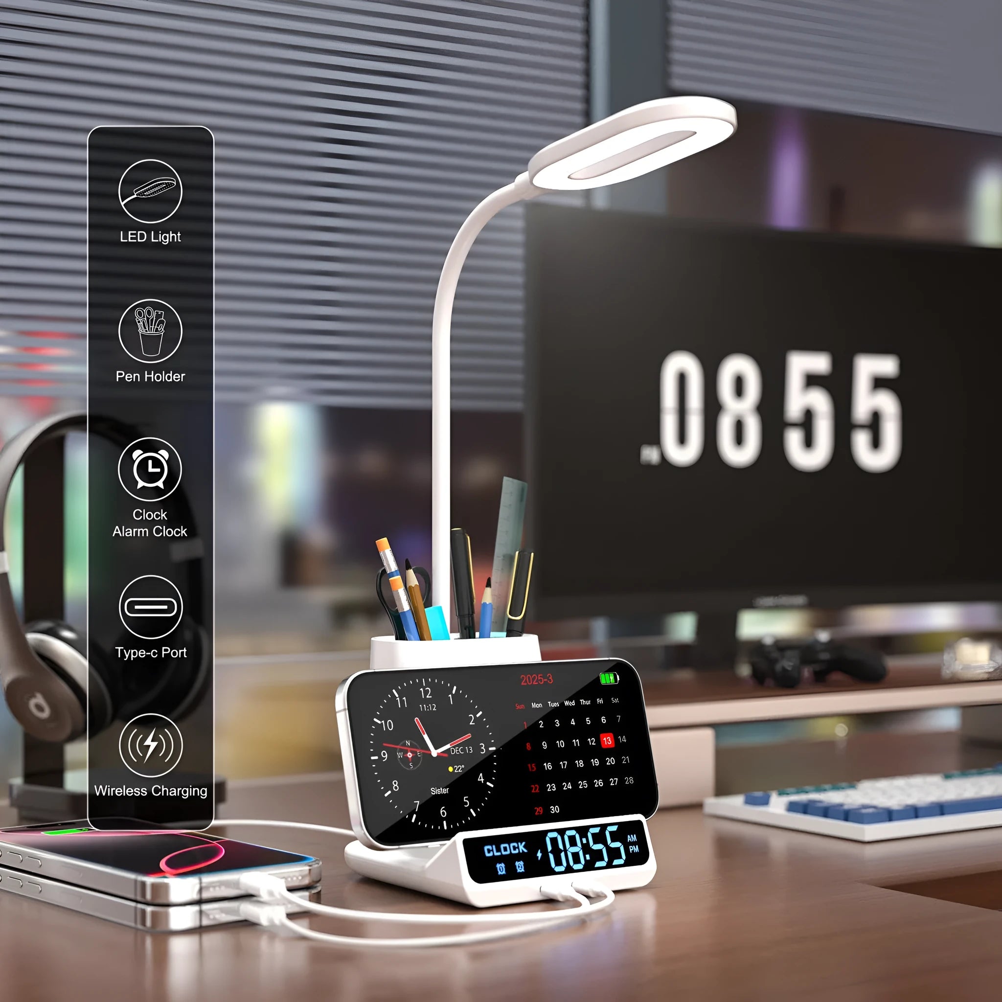Modern desk lamp with wireless charging base and integrated pen holder storage compartment.