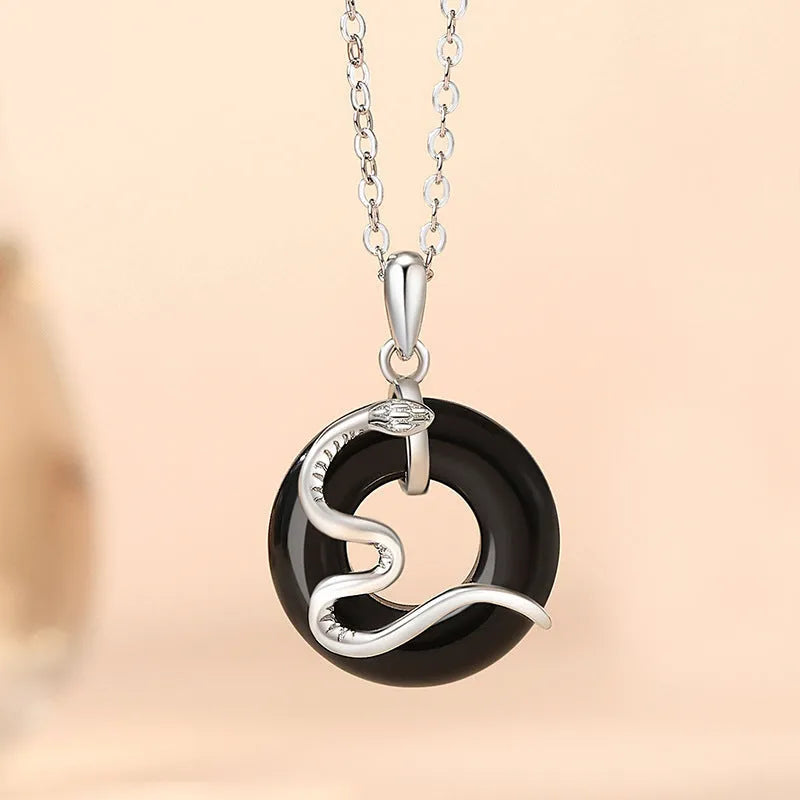 Chinese style 925 silver snake couple necklace with O-ring chain and Peace Buckle pendant in black finish